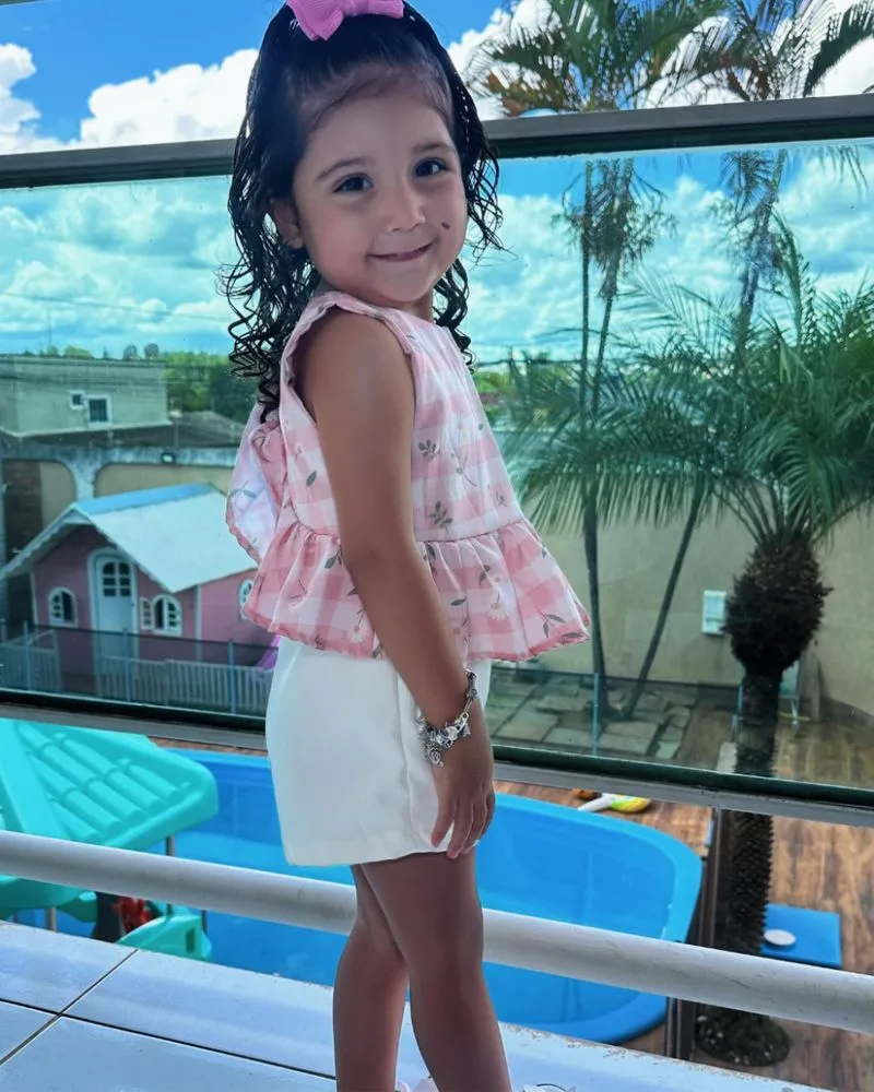 Conjunto Floral Xadrez Rosa