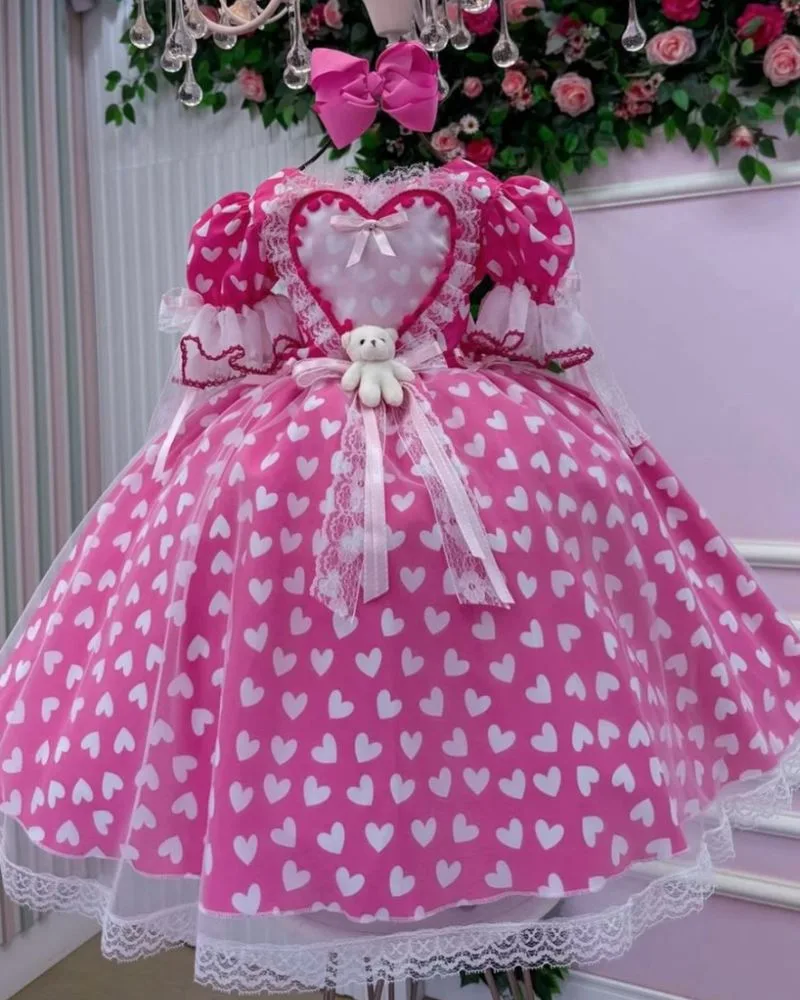 Vestido Junino Luxo Corações Rosa