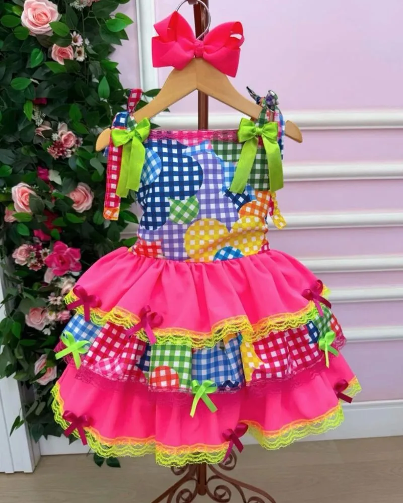 Vestido Junino Luxo Patchwork Pink