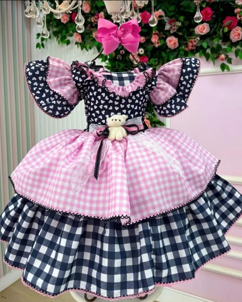 Vestido Junino Luxo Xadrez Rosa e Marinho