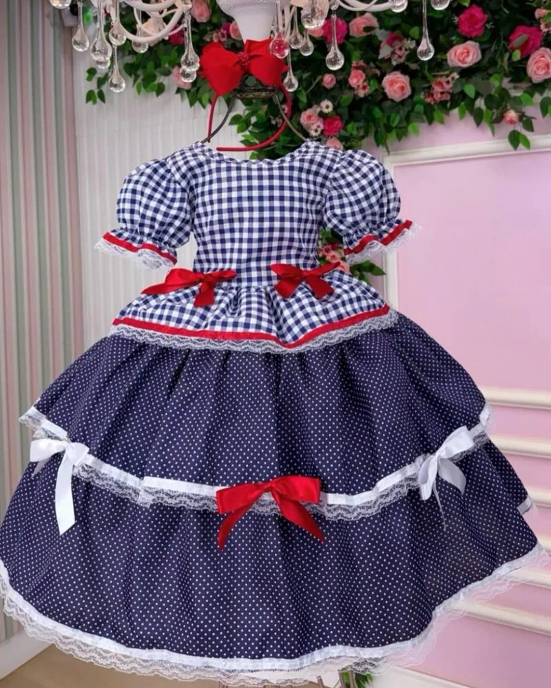 Vestido Junino Marinho com Poá